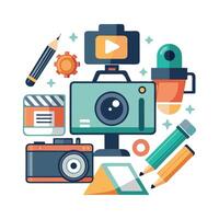 Elegant Camera and Editing Tools Icon with a Content Creation Symbol and Isolated Background vector