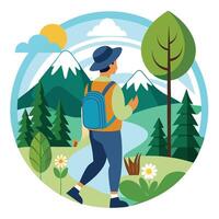 Modern Backpacker Icon Exploring Nature and Isolated Background vector
