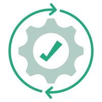 A green gear with a tick and arrow pointing to it vector