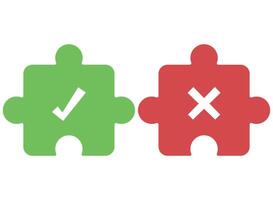 Two puzzle pieces with a tick and cross vector