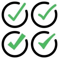 Four green check marks in circles on a white background vector