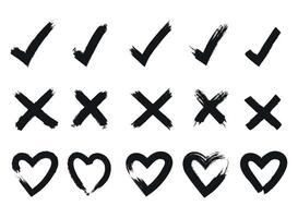 A set of black and white check marks and hearts vector