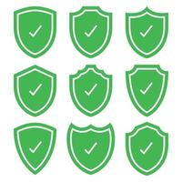 Green shield icons with tick marks on white background vector