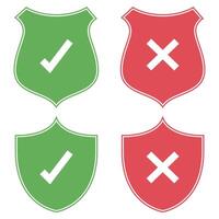 Four green and red shields with tick and cross vector