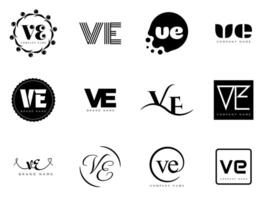 VE logo company template. Letter v and e logotype. Set different classic serif lettering and modern bold text with design elements. Initial font typography. vector