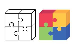 3D Cube Puzzle Outline And Flat vector
