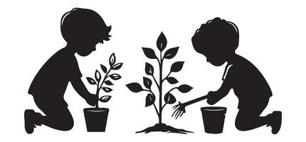 Kids Planting Trees Silhouette Illustration Conservation and Growth vector