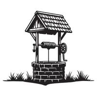 Rustic Water Well with Pulley System Vintage Style Black and White Illustration vector
