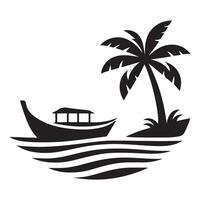 Tropical Paradise Scene Palm Tree Boat on Serene Waters vector