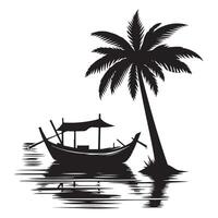 Tropical Getaway Illustration Silhouette with Boat, Palm Tree and Reflection vector