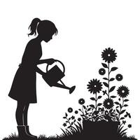 Silhouette Girl Watering Flowers A Simple Black and White Garden Scene vector