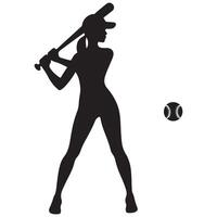 Female Baseball Player Silhouette with Bat and Ball Ready to Strike vector