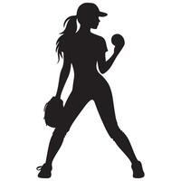 Female Softball Pitcher Silhouette with Ball and Glove Ready Throw vector