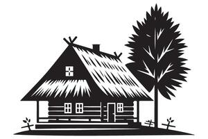 Silhouette of a Traditional Cabin with Thatched Roof and Tree vector
