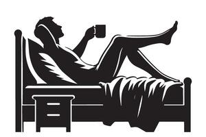 Man Relaxing in Bed Silhouette with Coffee Leisurely Morning Routine vector