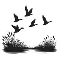 Silhouette Ducks Flying Over the Water and Reeds Image Art vector