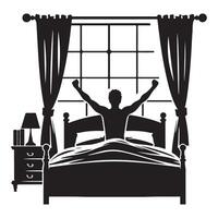 Silhouette Man Stretching in Bed with Window and Curtains vector