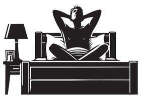 Relaxed man in bed enjoying leisure time illustration vector