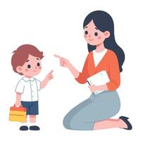 Caring Teacher Explains Rules to Little Boy at School vector