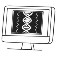 Computer screen displaying dna helix design in black and white sketch, technology and science concept vector