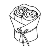 Black and white line drawing of a pastry bouquet wrapped with ribbon vector