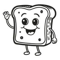 smiling toast character waving friendly bread mascot with cheerful expression, fun doodle concept vector