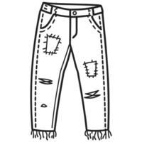 Casual distressed jeans design with patchwork and frayed hem, black and white illustration vector