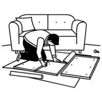 man assembling furniture in living room, diy home project detailed instructions for couch setup, handyman at work vector