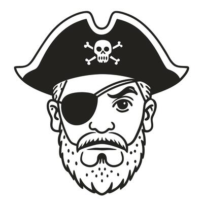 Pirate icon with eyepatch and beard, classic hat with skull black and white illustration