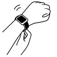 Smartwatch on wrist, checking time hand gesture with wearable tech device minimalist line art vector