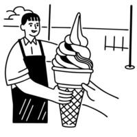 Person serving ice cream cone to customer in line art classic soft serve treat, summer dessert, happy interaction vector