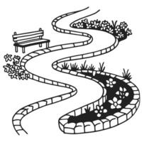 garden path with curved walkway and bench floral borders and park setting vector