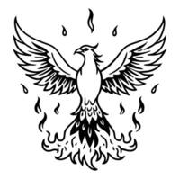 Phoenix rising from flames, mythical firebird symbolizing rebirth and transformation in monochrome design vector