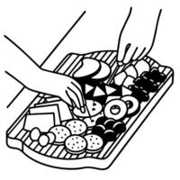 Appetizers and snacks platter with cheese, fruits, and crackers hand selecting from assorted food selection vector