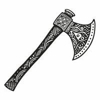 Intricately Designed Viking Axe with Nordic Patterns in Black and White Illustration vector