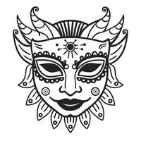 Intricate Tribal Mask Line Art with Ethnic Horns and Abstract Patterns vector