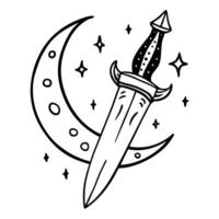 Mystical Dagger and Crescent Moon with Stars Illustration vector