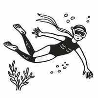 Stylized Black and White Diving Illustration of Snorkeler Underwater Adventure vector