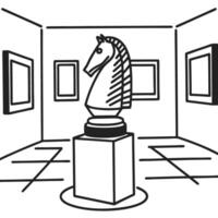 chess knight sculpture in minimalist art gallery space with abstract framed artworks vector