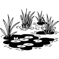Black and white illustration of wetland ecosystem with reeds and lily pads vector