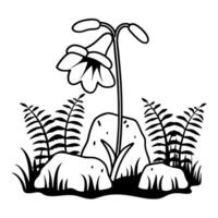 Black and white botanical illustration of a drooping flower with ferns and rocks vector