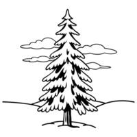 Outline of pine tree on scenic landscape with clouds vector
