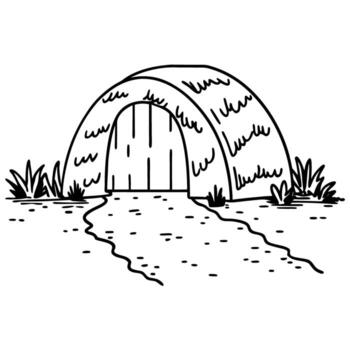 Straw hut with pathway surrounded by grass vector