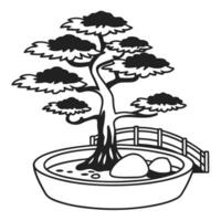 bonsai tree illustration in a tranquil garden setting with rocks and bridge vector