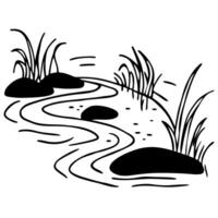 Black and white river illustration with rocks and grass, simplistic nature design vector