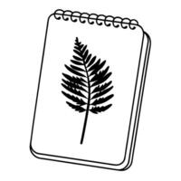 Botanical sketch of fern leaf on spiral bound notepad, line art drawing vector