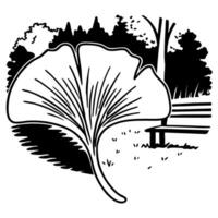 ginkgo leaf silhouette in park setting with bench and trees, nature tranquility black and white scene vector