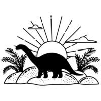 silhouette of brontosaurus at sunrise with palm trees and rocks vector