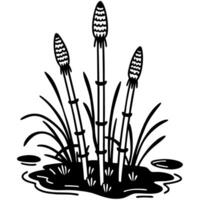 Horsetail plant silhouette in wetland setting with black and white design vector