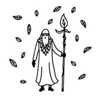 Wizard with staff amidst falling leaves, magic and fantasy theme vector